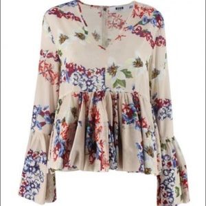 MSGM Floral Print Peplum Pleated Bell Long Sleeve V-neck Size 38 Italy